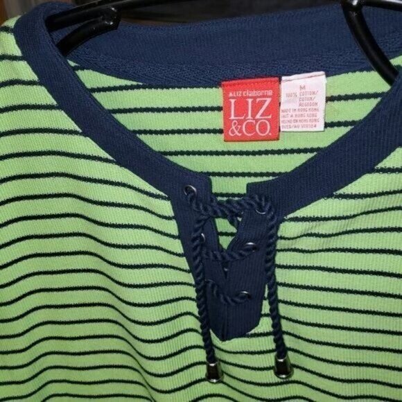 Liz Claiborne Liz & Co. Cinched V Neck Closure Striped Short Sleeve Sz. M Top - Picture 2 of 9